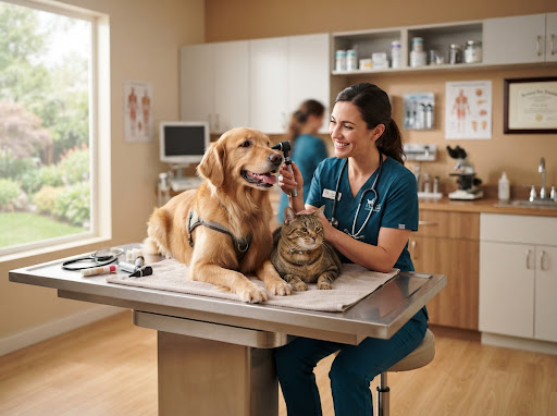 Veterinaria examinando un perro y un gato en consultorio de Veterinaria Al-Ma en Resistencia